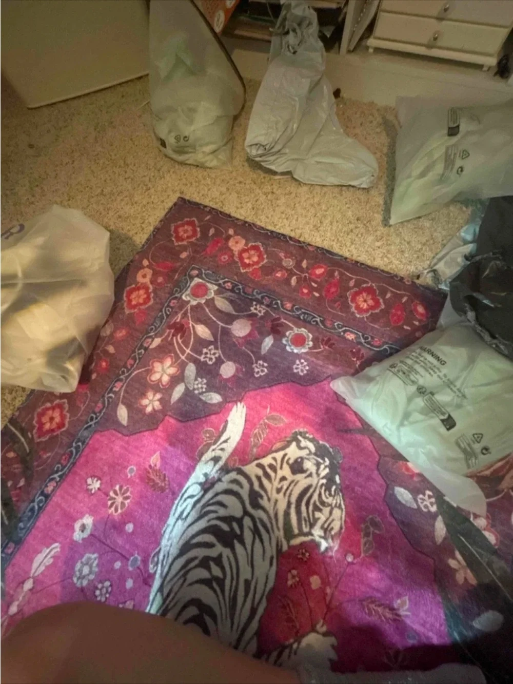 Vibrant Pink Floral Area Rug with White Tiger Motif